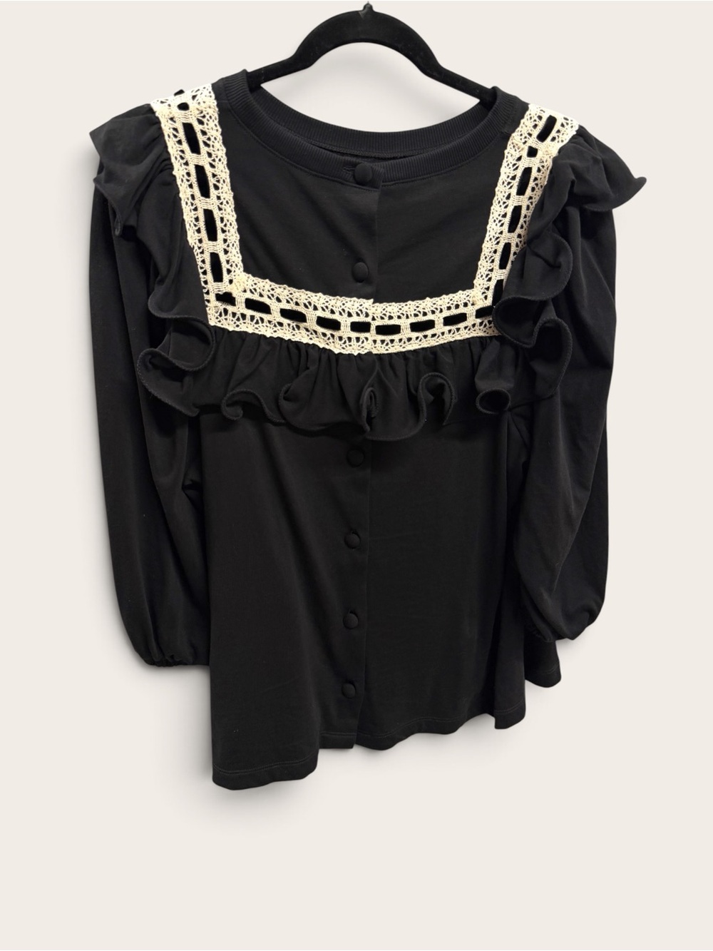 Runway Marc Jacob’s Black Ruffled Blouse Crochet Trim Romantic Victorian Medium